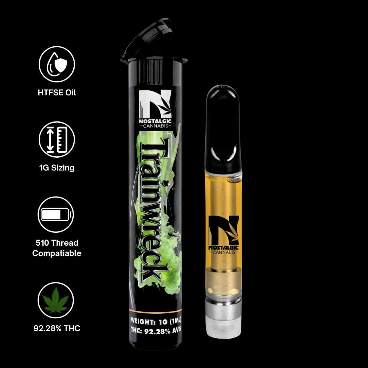 Nostalgic Cannabis Trainwreck HTSFE sauce vape cartridge 1g heavy hitting strain 510 thread THC cartridge with packaging