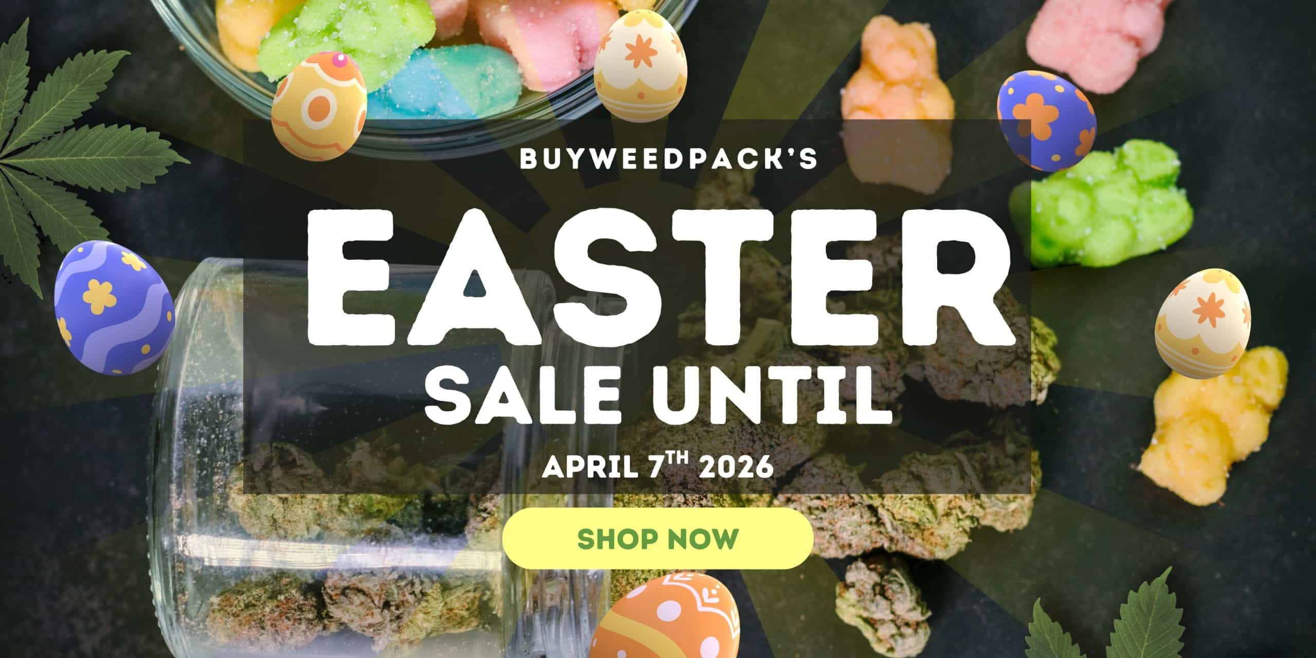 online dispensary canada easter sale banner featuring cannabis buds and colorful gummies with limited time promotion