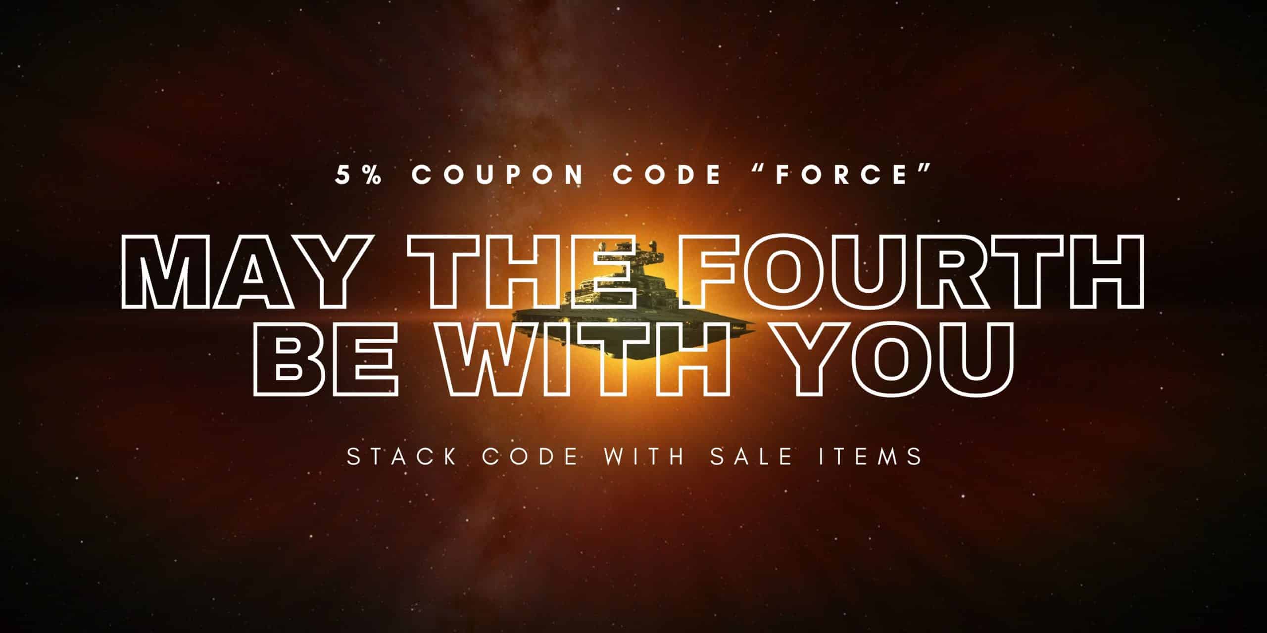 May the Fourth sale banner with 5% coupon code FORCE on an online dispensary Canada website featuring space-themed design