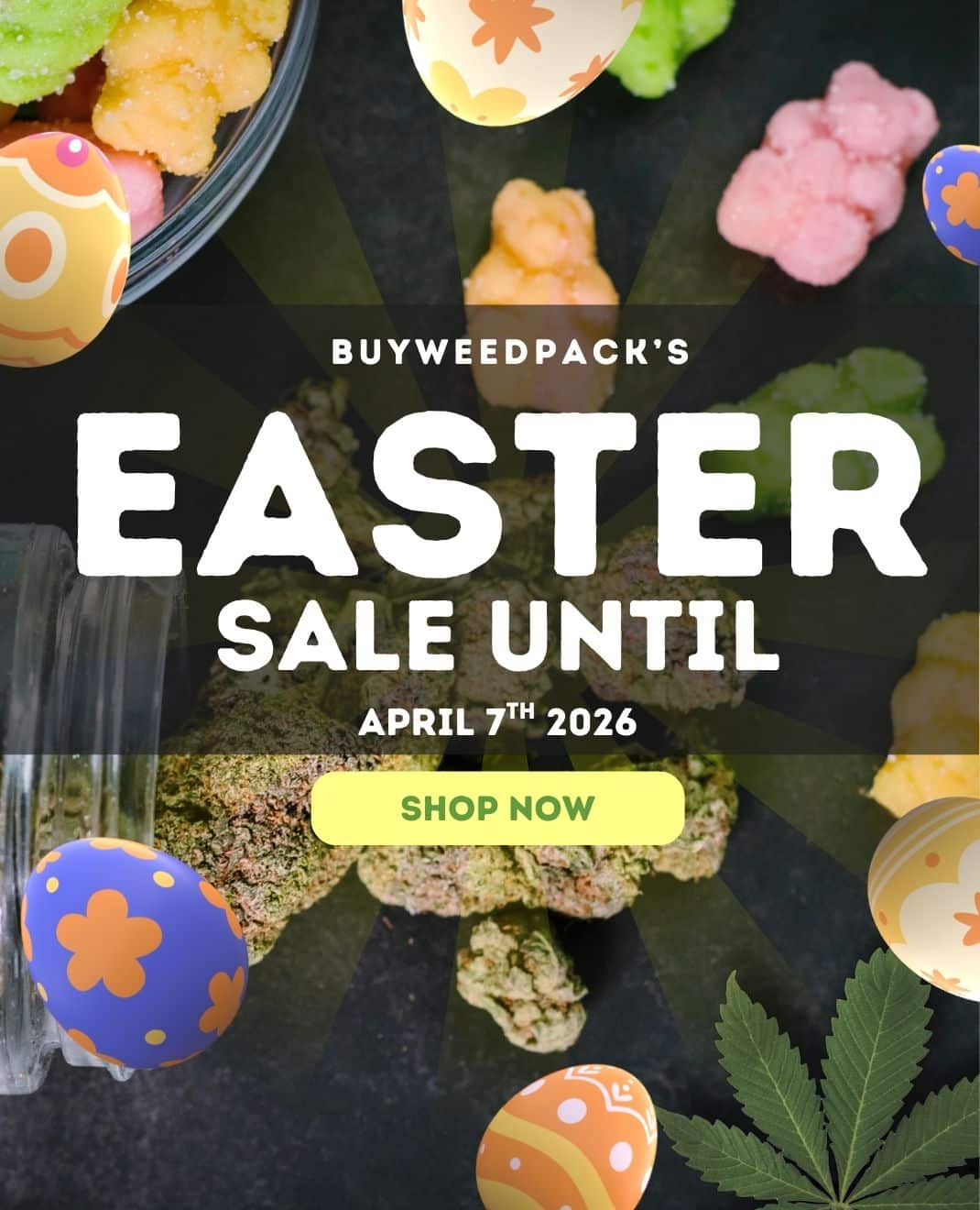 online dispensary canada easter sale banner featuring cannabis buds and colorful gummies with limited time promotion