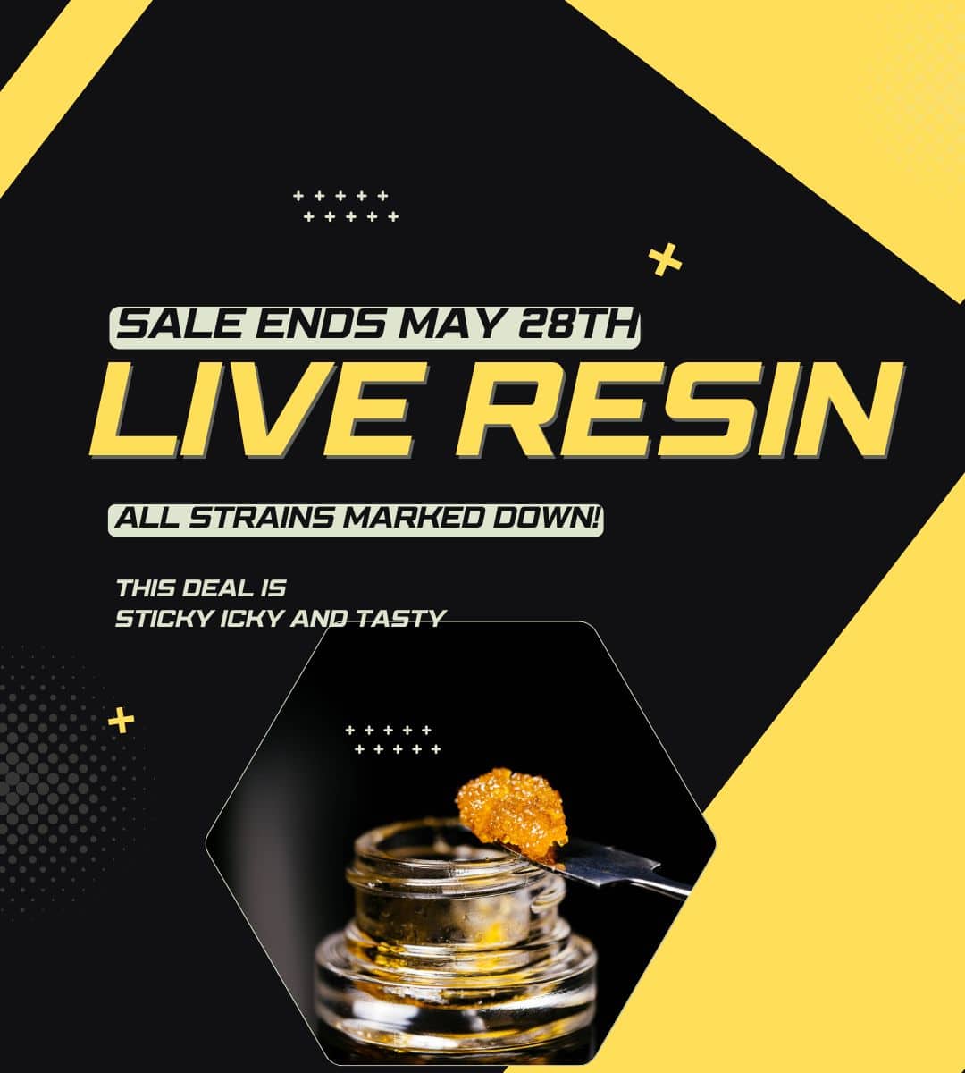 Mobile Live Resin sale banner for online dispensary Canada with discounted cannabis concentrate strains and live resin extract jar.