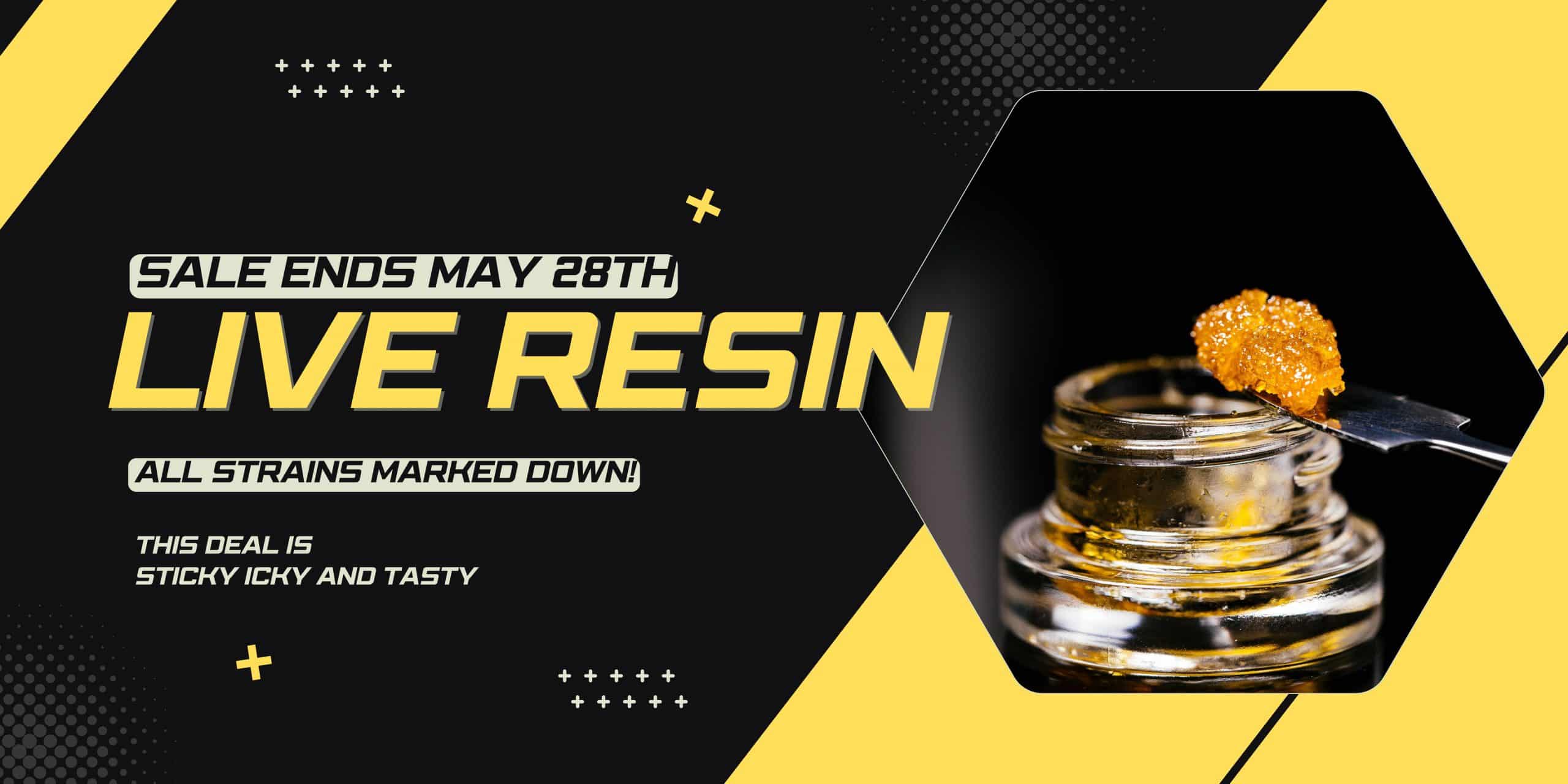Live Resin sale banner for online dispensary Canada featuring marked down cannabis concentrate strains and premium golden live resin extract.